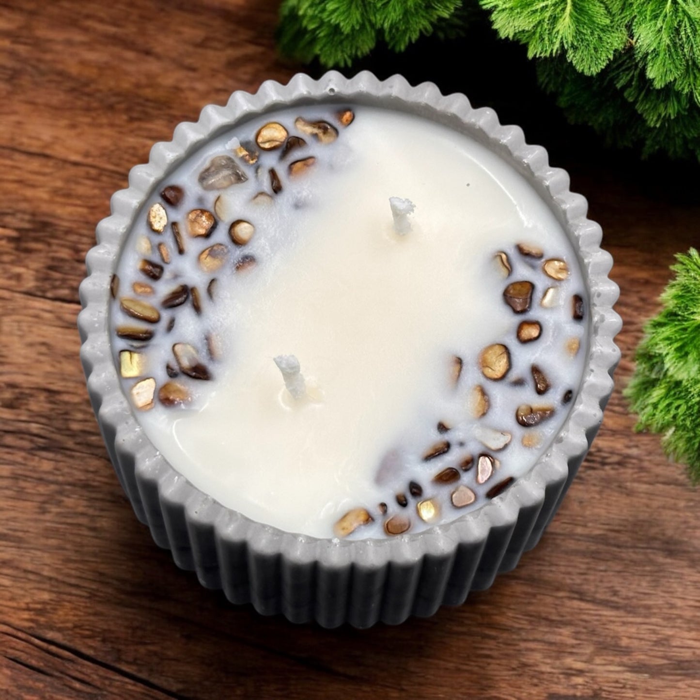 Blueberry Pie scented candle in a plaster planter.